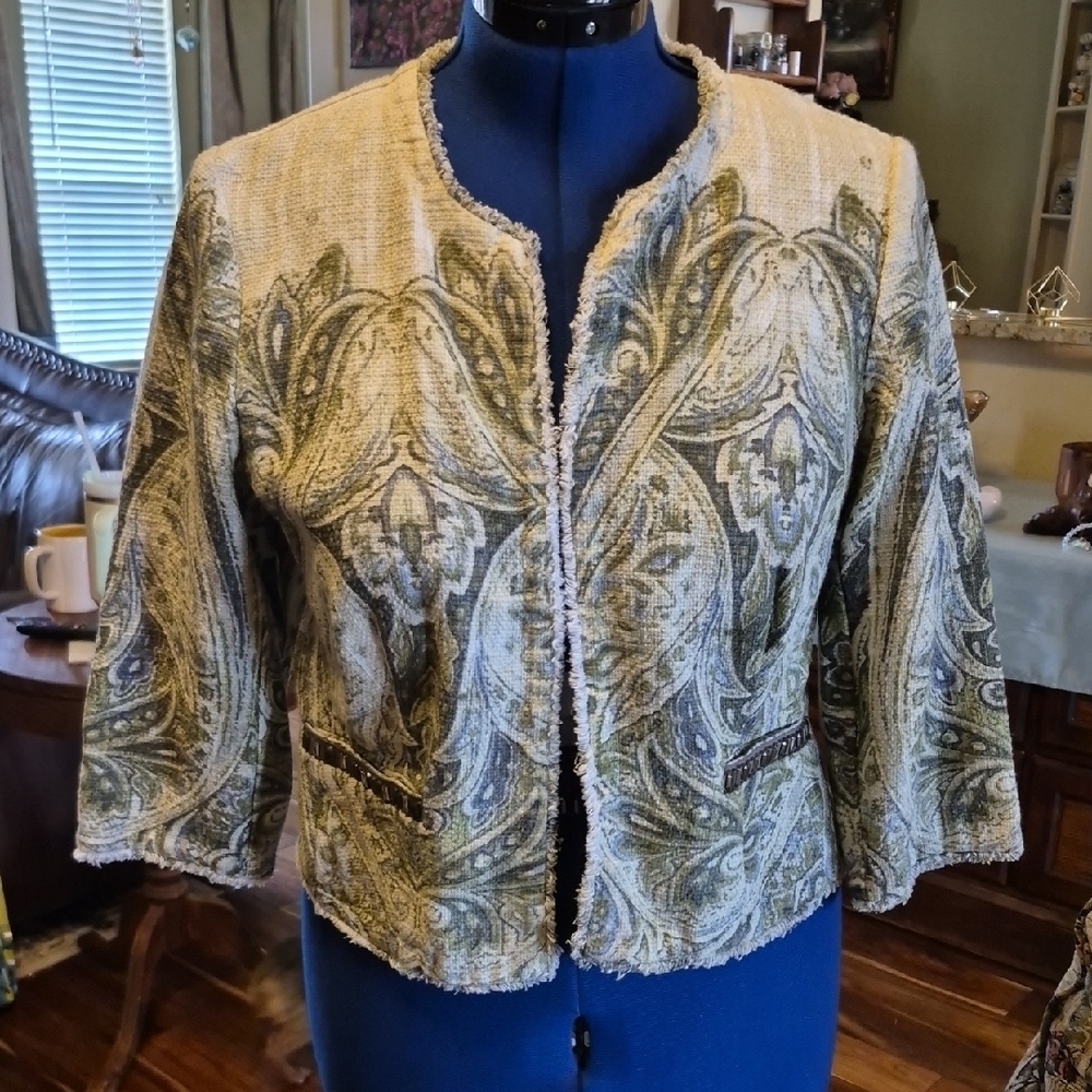 Chicos Jacket Womens US Size1/S Heritage Tweed Ivory&Green Paisley Sz1..(#2060C)